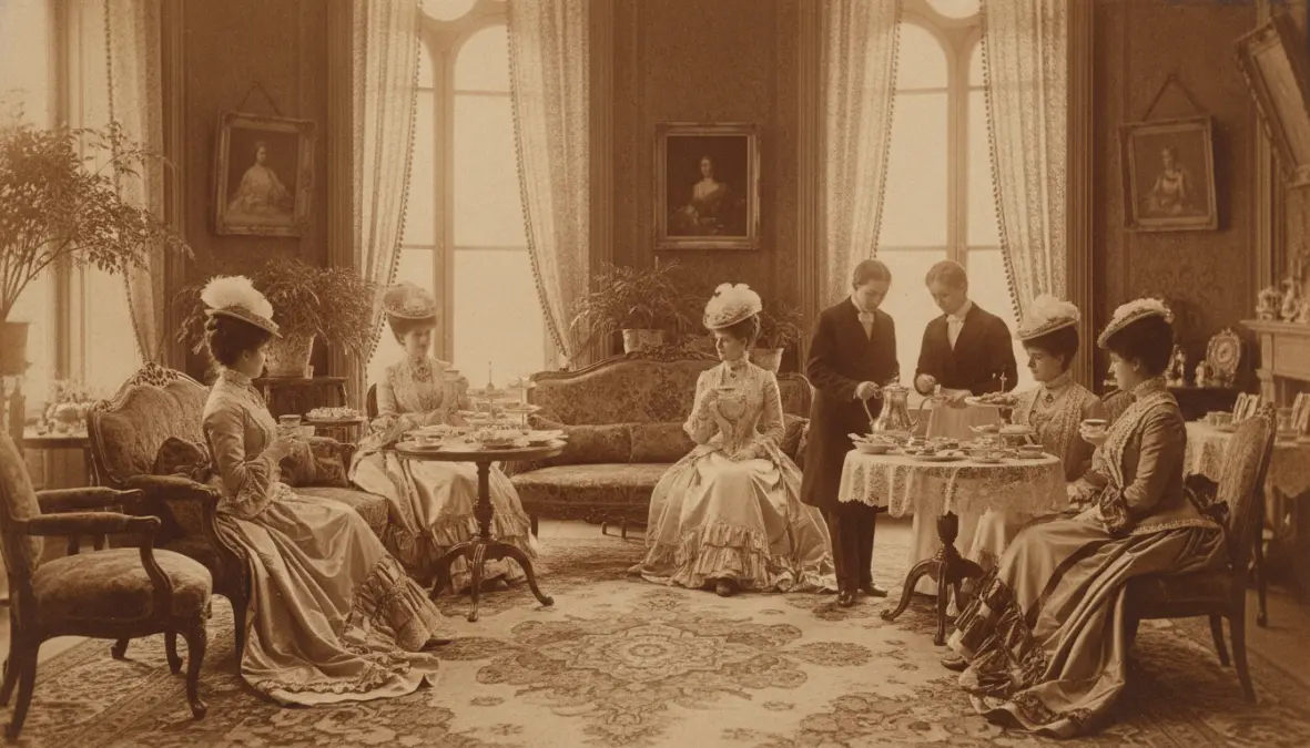 Victorian era afternoon tea party with ladies in tea gowns demonstrating traditional upper class tea customs