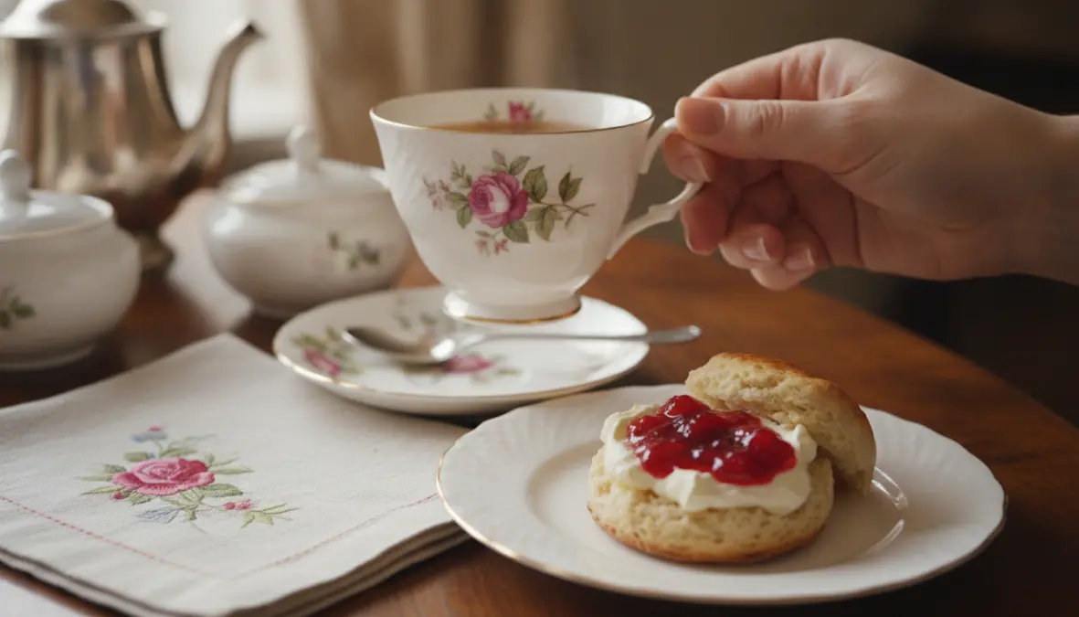 Proper English tea etiquette showing correct way to hold teacup and serve scones with clotted cream