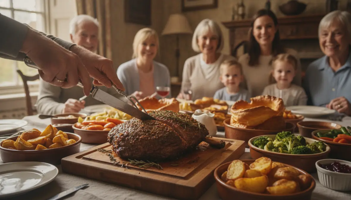 Carving roast beef at traditional British family Sunday roast dinner gathering