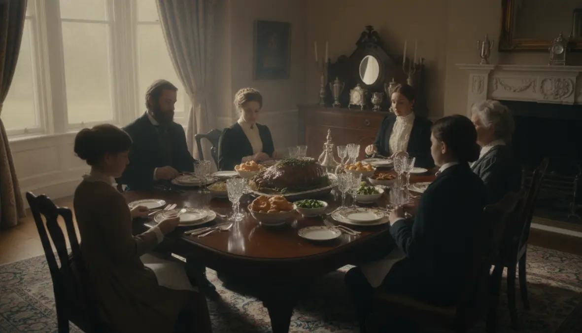 Victorian Sunday roast family gathering showing traditional British dinner customs and social class dining