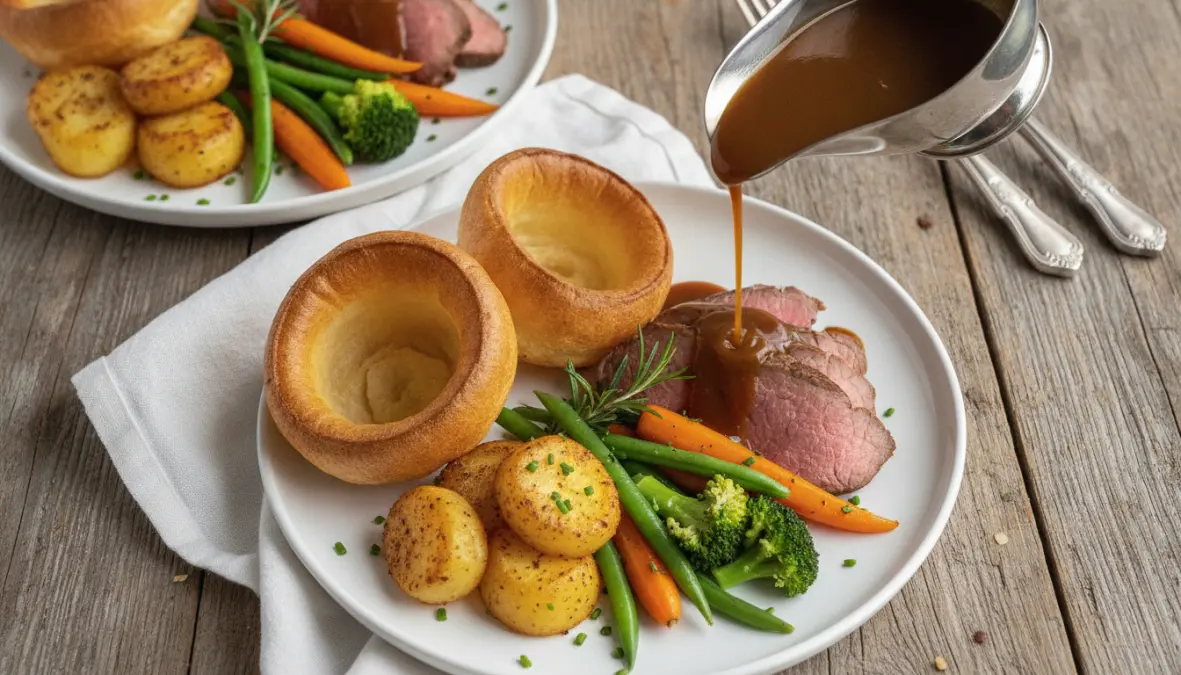 Traditional British Sunday roast menu featuring Yorkshire pudding, roast potatoes, gravy, and seasonal vegetables