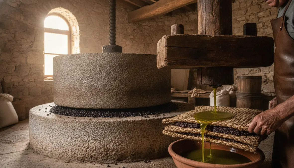 Traditional olive oil production using historic millstone press in Mediterranean frantoio