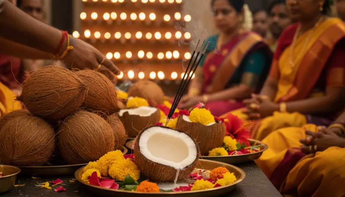 Coconut religious significance in Hindu ceremony with traditional offerings and sacred rituals