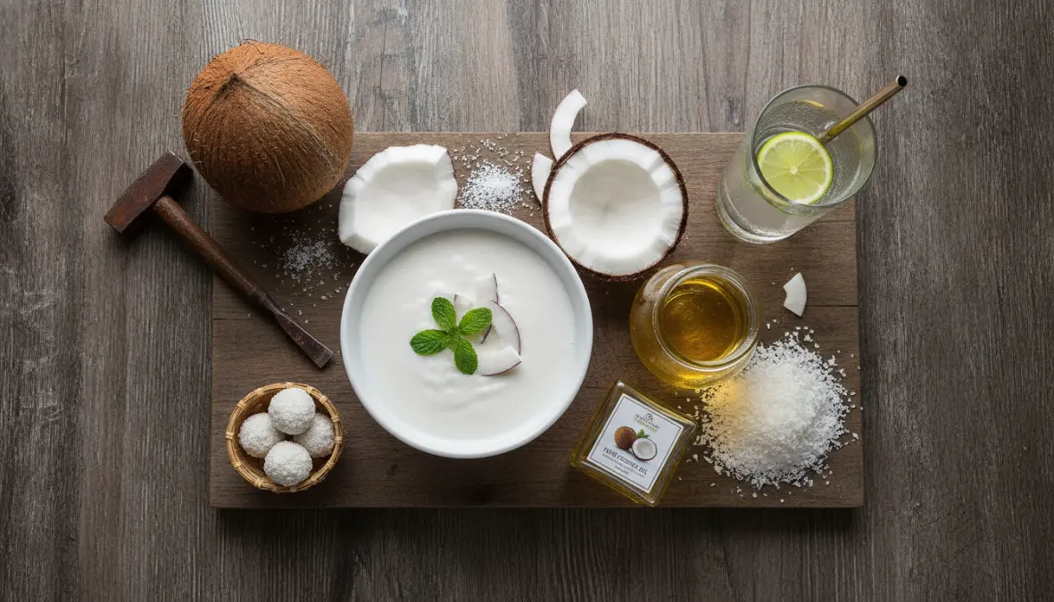 Coconut culinary uses showing milk, oil, fresh meat, and various traditional cooking forms