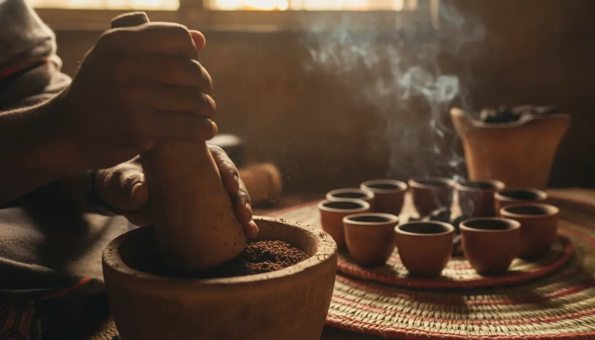 Traditional Ethiopian buna ceremony preparation with hand-grinding roasted coffee beans in mortar