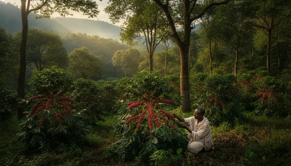 Ancient coffee forests in Ethiopian highlands showing wild arabica coffee plants with red cherries
