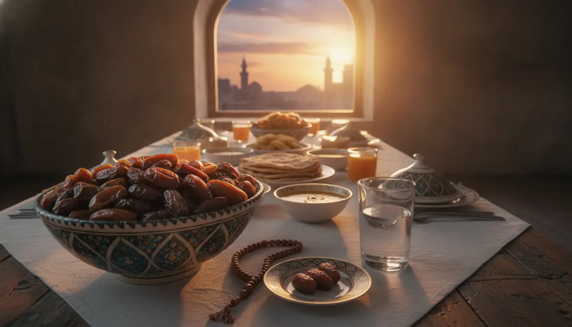 Traditional iftar meal setup with dates for breaking fast during Ramadan following Islamic tradition