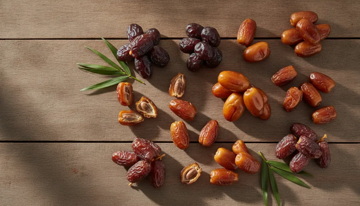 Different varieties of dates including Ajwa showing cultural importance dates in Middle Eastern cuisine