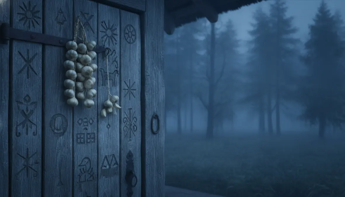 Garlic hanging on Eastern European cottage door illustrating garlic folklore and protective traditions against evil