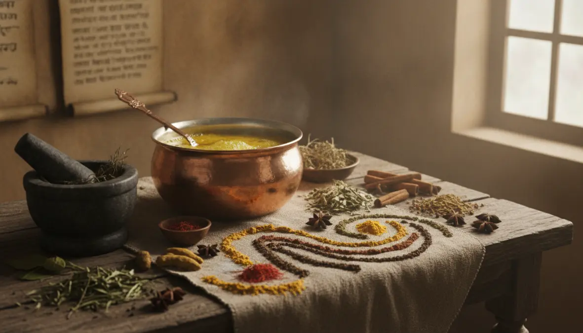 Traditional Ayurvedic medicated ghee preparation with herbs showing ghee in ayurveda healing practices