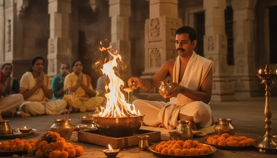 Hindu priest pouring ghee into sacred fire during puja ceremony demonstrating ghee sacred rituals tradition