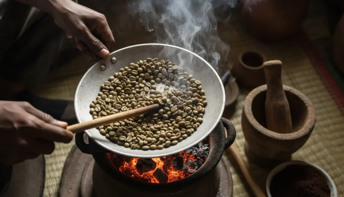 Roasting green coffee beans in pan during Ethiopian coffee ceremony preparation