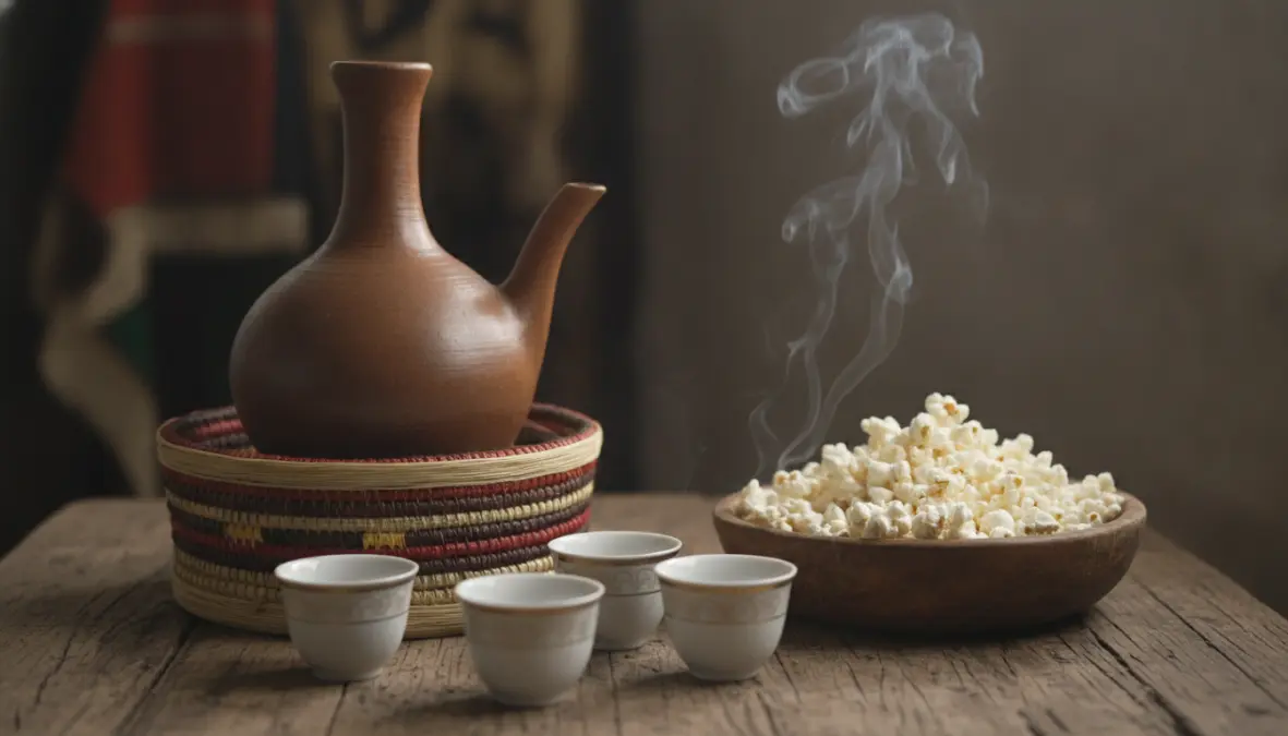 Traditional jebena coffee pot with cups and popcorn for Ethiopian buna ceremony