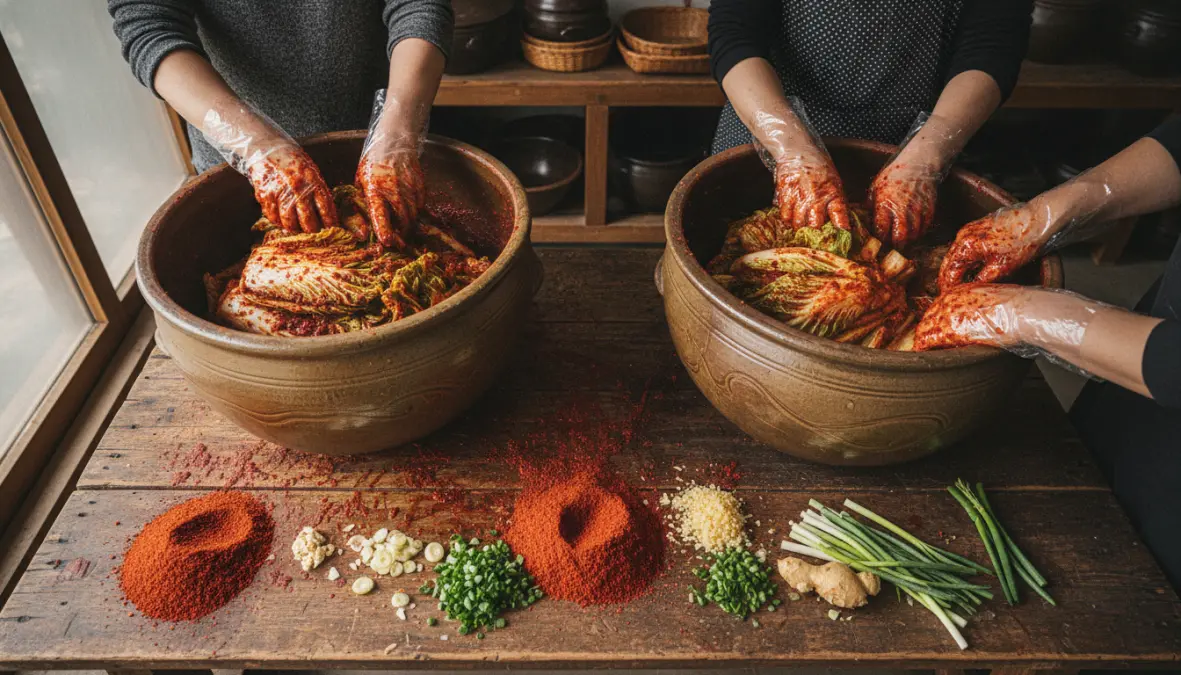 Traditional Korean kimchi fermentation demonstrating ancient fermentation methods and cultural fermentation techniques