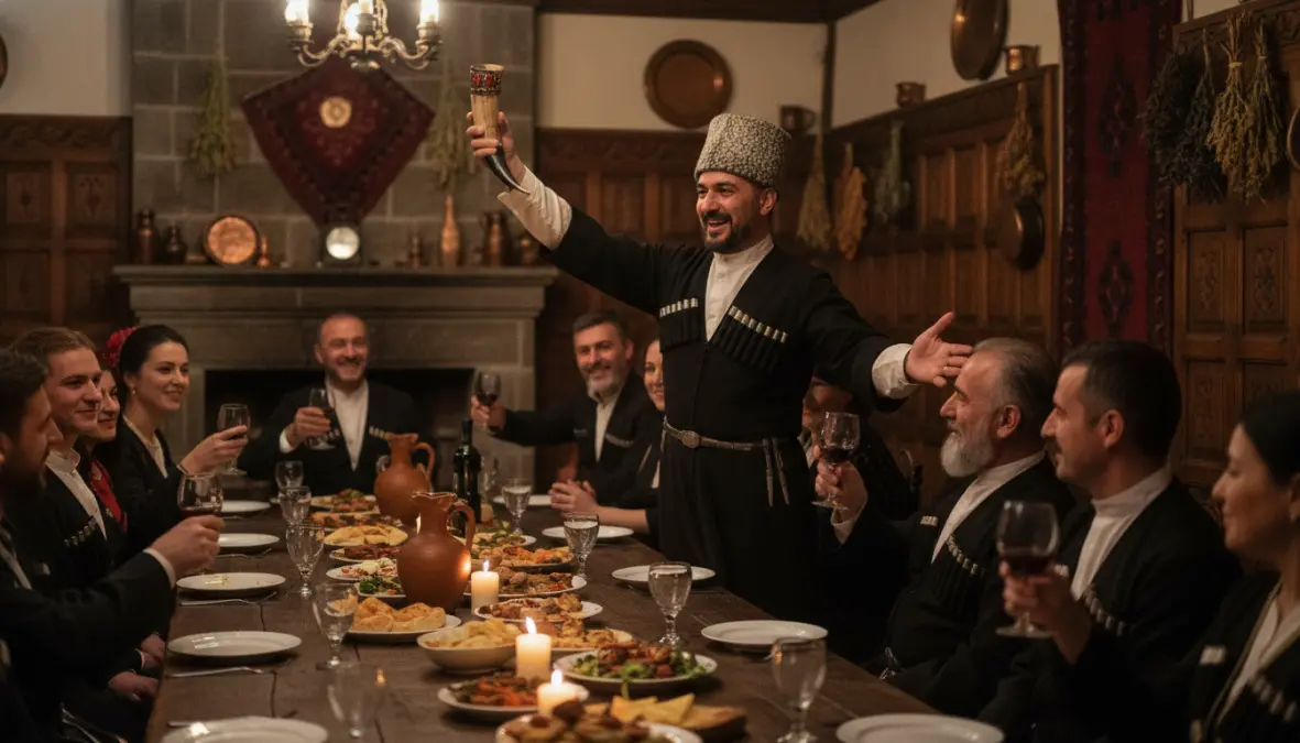 Georgian tamada toastmaster leading traditional supra toasts with drinking horn at ceremonial feast