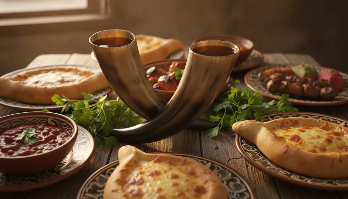 Traditional kantsi drinking horns and Georgian wine at supra table with authentic feast dishes