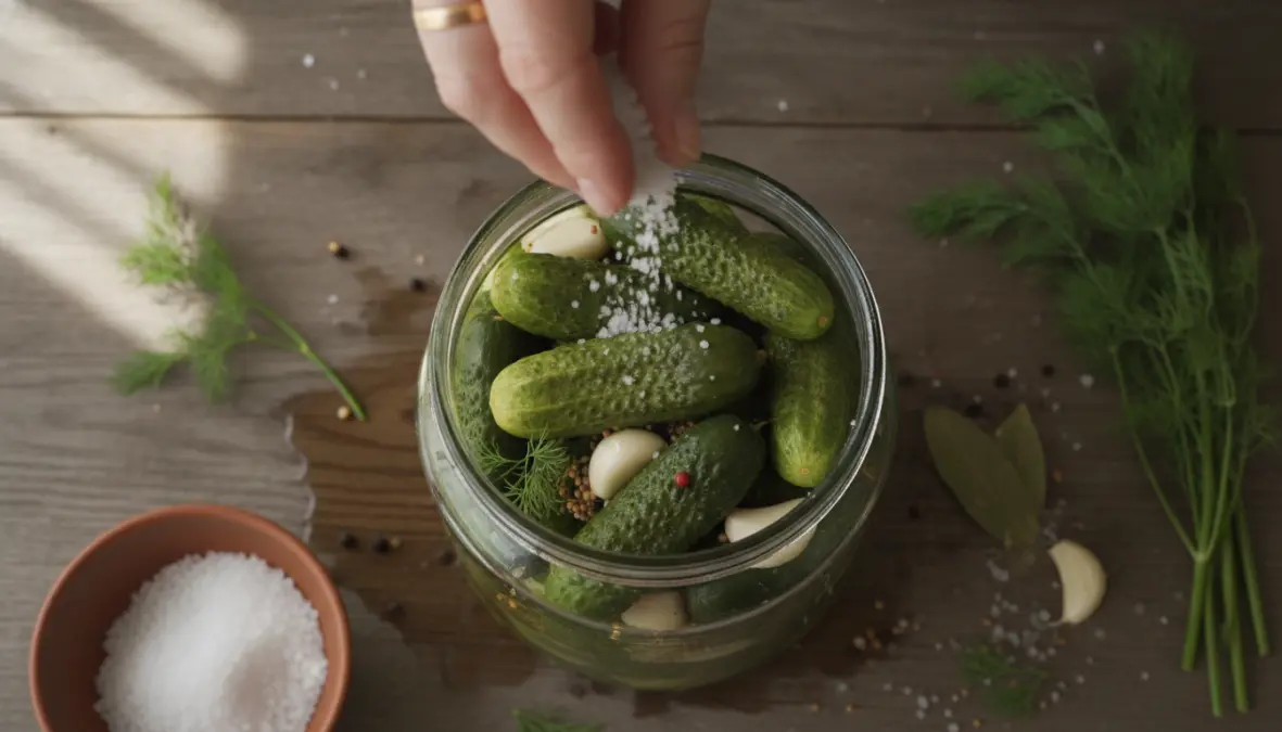 Preparing traditional Jewish pickle brine with cucumbers, garlic and dill using authentic fermentation techniques