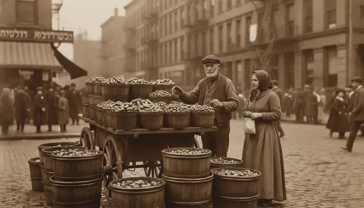 Historical Lower East Side pickle vendor representing Jewish pickling tradition in American immigrant communities