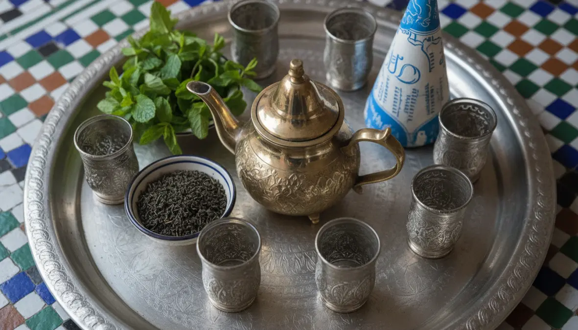 Traditional moroccan mint tea ingredients and tools including gunpowder green tea, nana mint leaves, and silver teapot