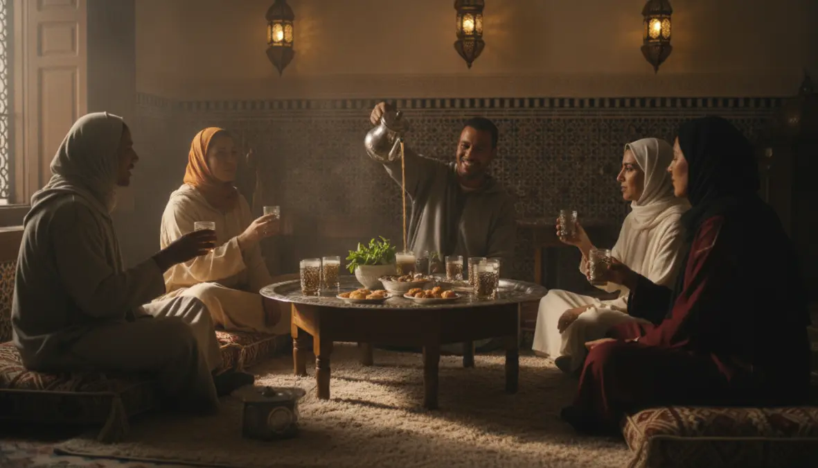 Moroccan hospitality tea ceremony with host serving traditional mint tea to guests in authentic cultural setting