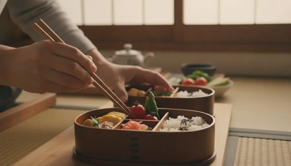 Mindful bento box preparation demonstrating traditional Japanese cooking philosophy and food arrangement techniques