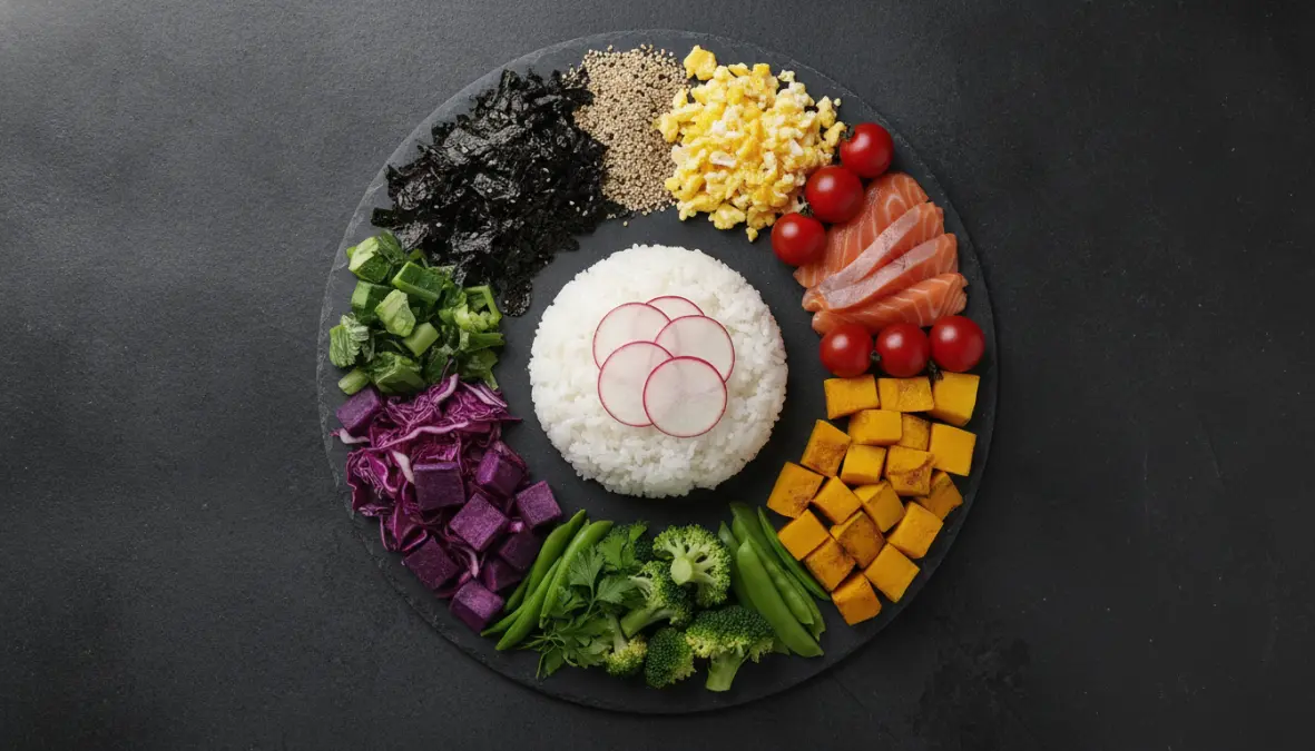 Five colors five methods principle of bento box philosophy showing nutritional balance through color diversity