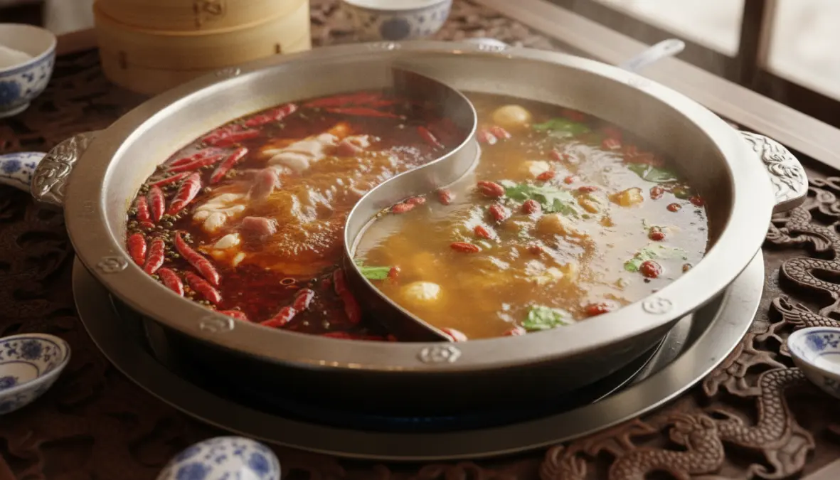 Regional hot pot styles showing Sichuan spicy and Cantonese clear broth variations in yin-yang pot