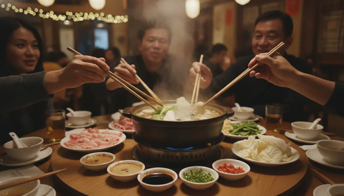 Hot pot social tradition and communal dining with family sharing meal together
