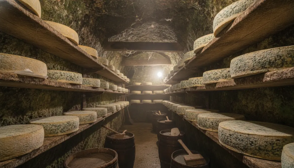 Traditional French cheese cave showing artisanal production and terroir influence on regional gastronomy