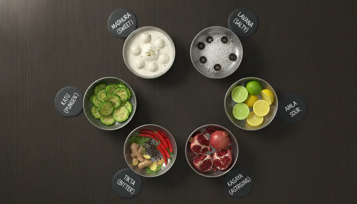 Six rasas (tastes) in Ayurvedic thali showing balanced nutrition principles