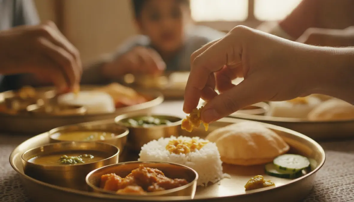 Mindful eating practice with traditional Indian thali showing cultural significance