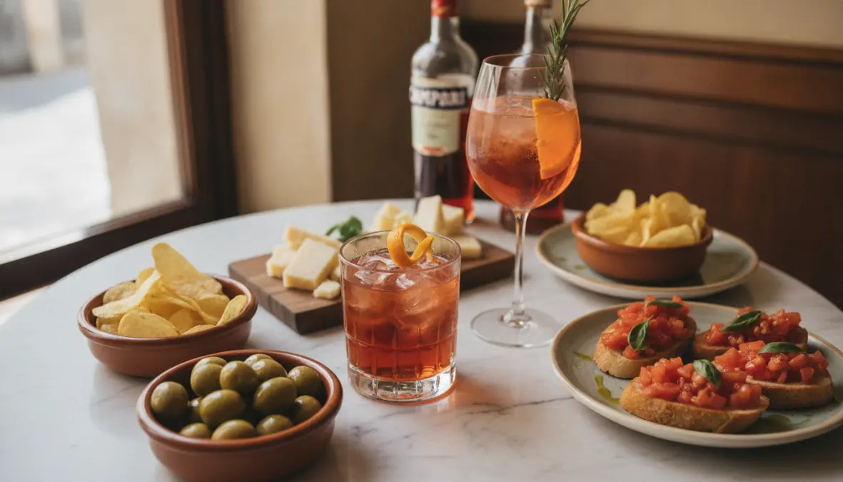 Traditional Italian aperitivo drinks and cicchetti snacks including Negroni, spritz, olives and cheese
