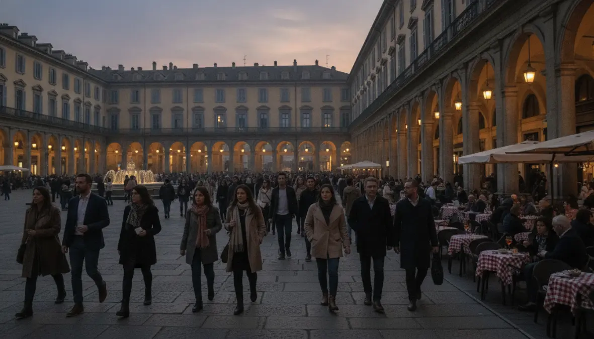Italian social ritual of aperitivo hour in Turin piazza with people gathering for pre-dinner drinks and passeggiata