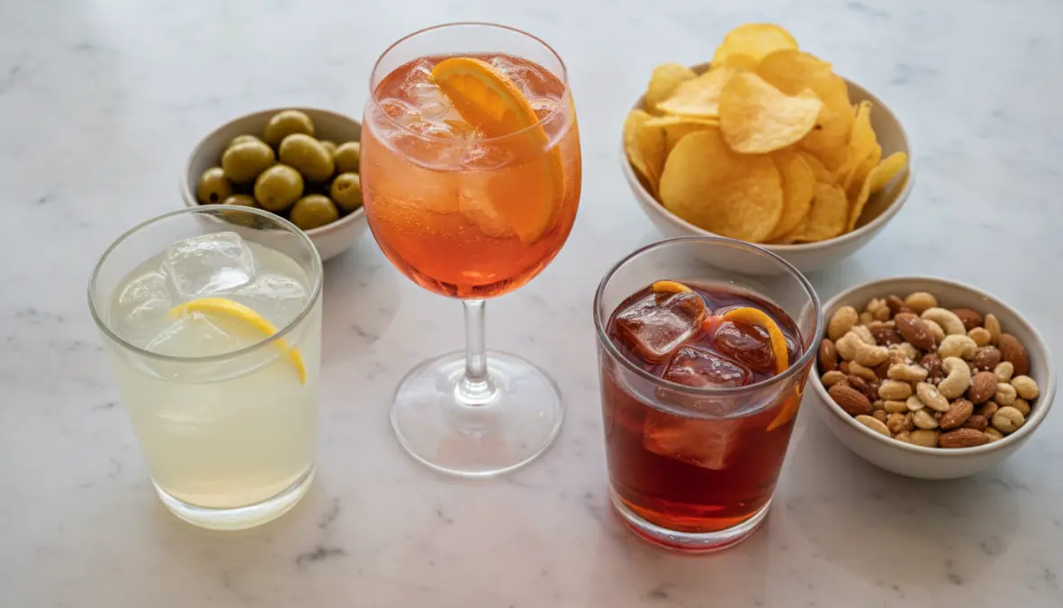Classic Italian aperitivo drinks including Spritz, Negroni and traditional stuzzichini snacks