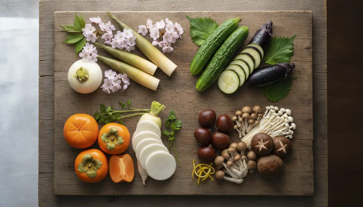Seasonal ingredients in washoku displaying shun concept with spring, summer, autumn and winter Japanese vegetables