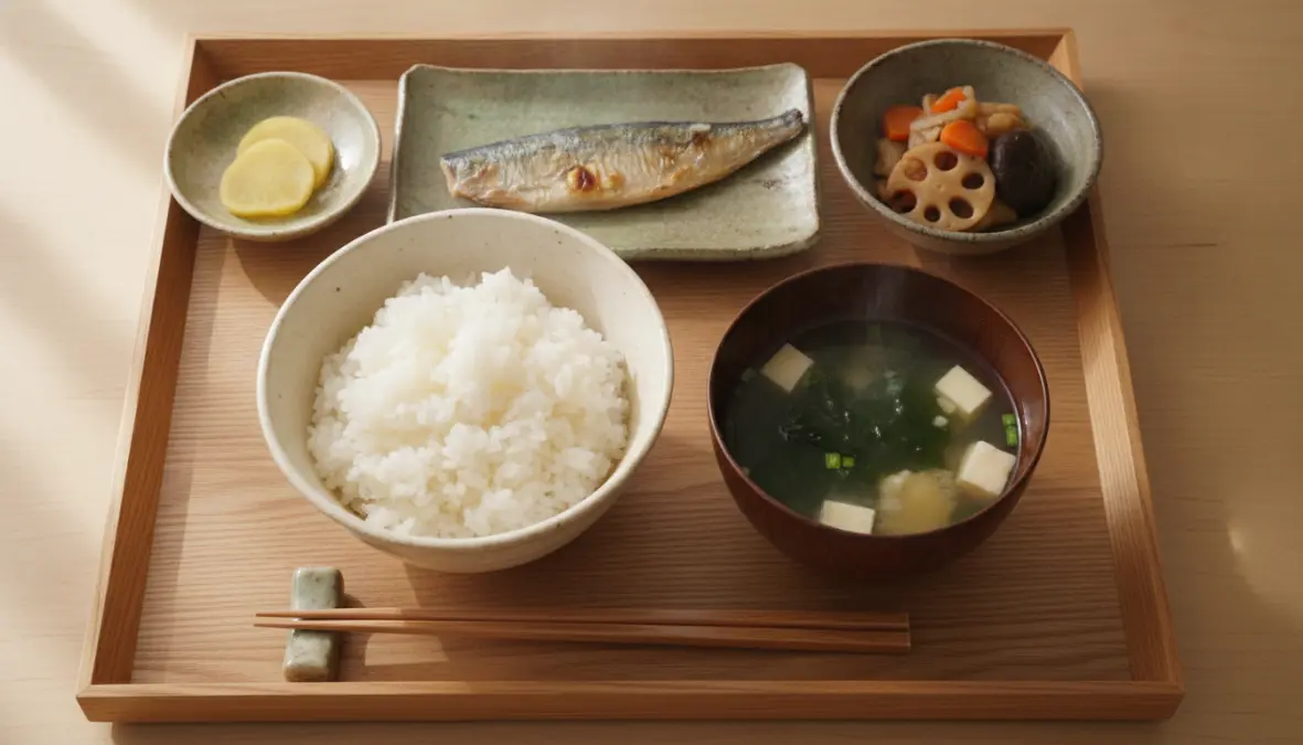 Ichiju-sansai washoku meal showing one soup three sides principle with balanced Japanese cuisine arrangement