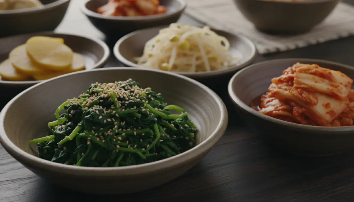 Colorful korean side dishes banchan varieties including kimchi and namul in traditional bowls