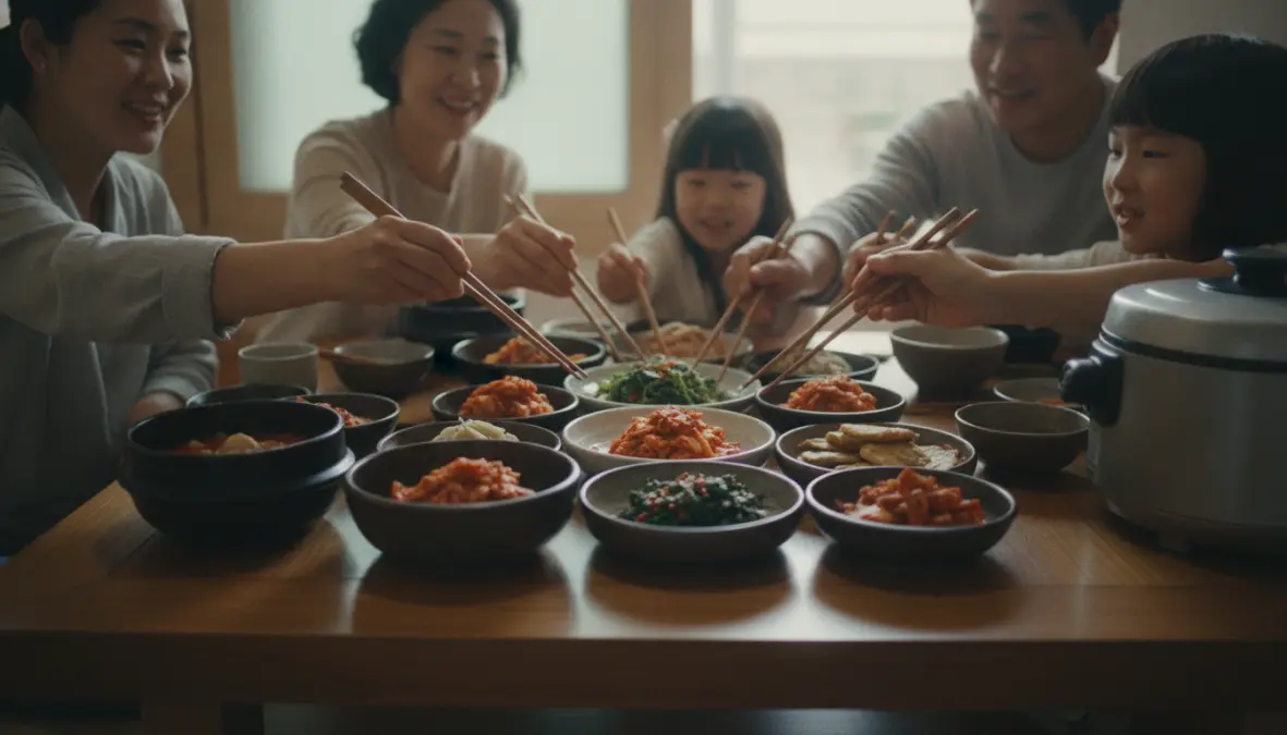 Korean communal dining tradition showing shared banchan dishes and korean meal customs
