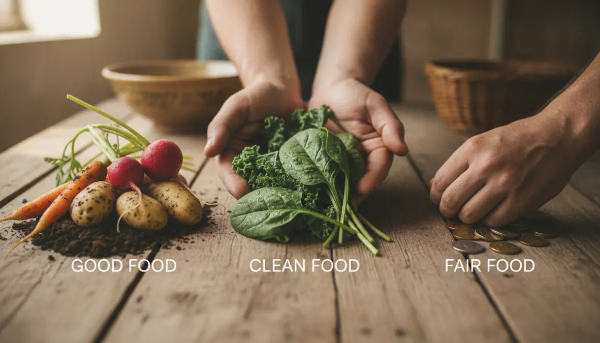 Visual representation of slow food movement philosophy core principles: Good, Clean, and Fair