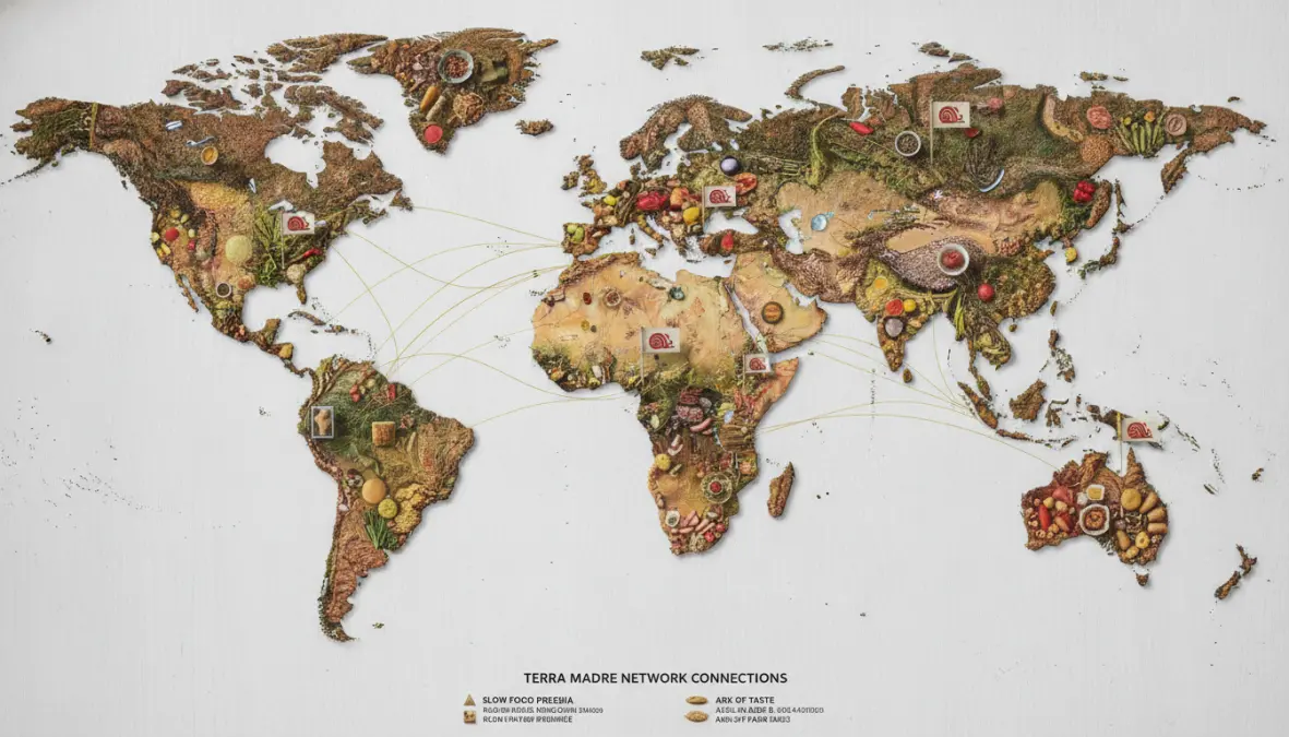 Global impact of slow food movement showing international Presidia projects and biodiversity protection initiatives