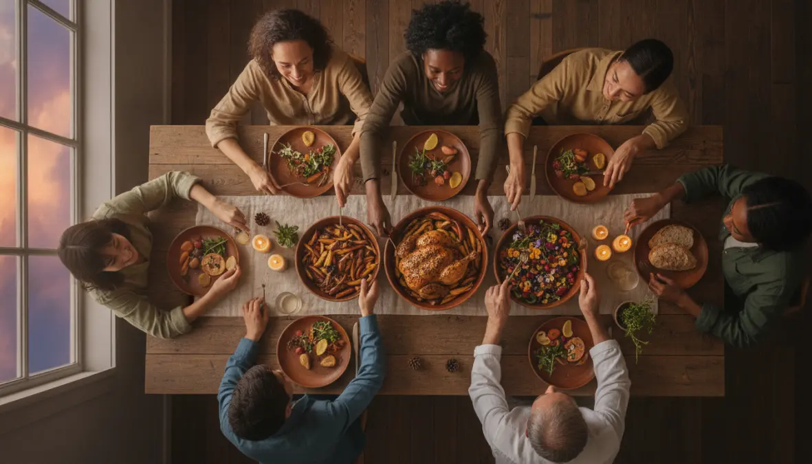 Family practicing slow food philosophy through shared mindful meals and traditional recipes
