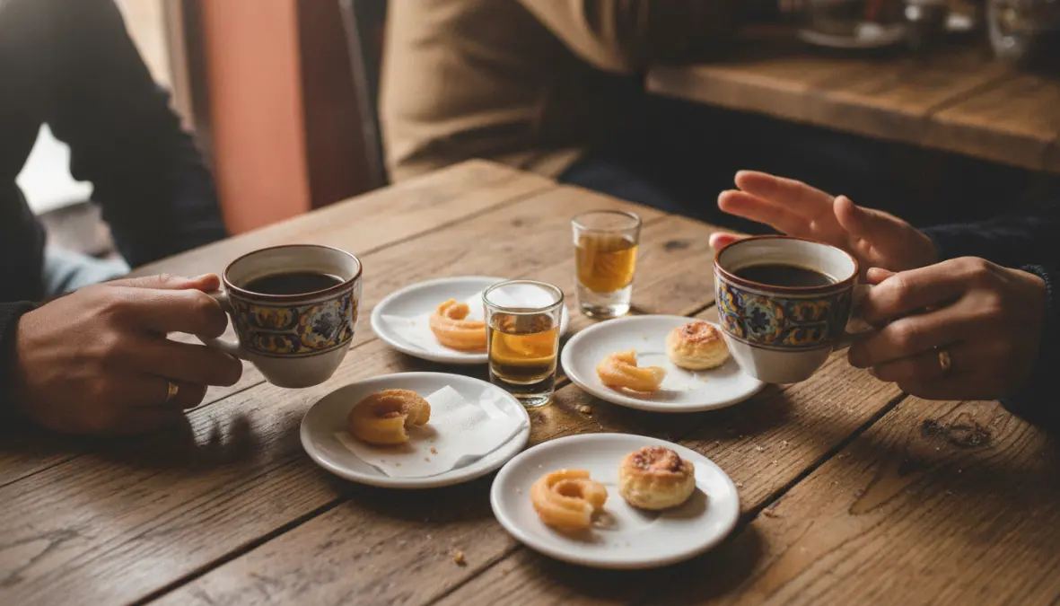 Spanish coffee and digestif drinks during sobremesa after-meal tradition