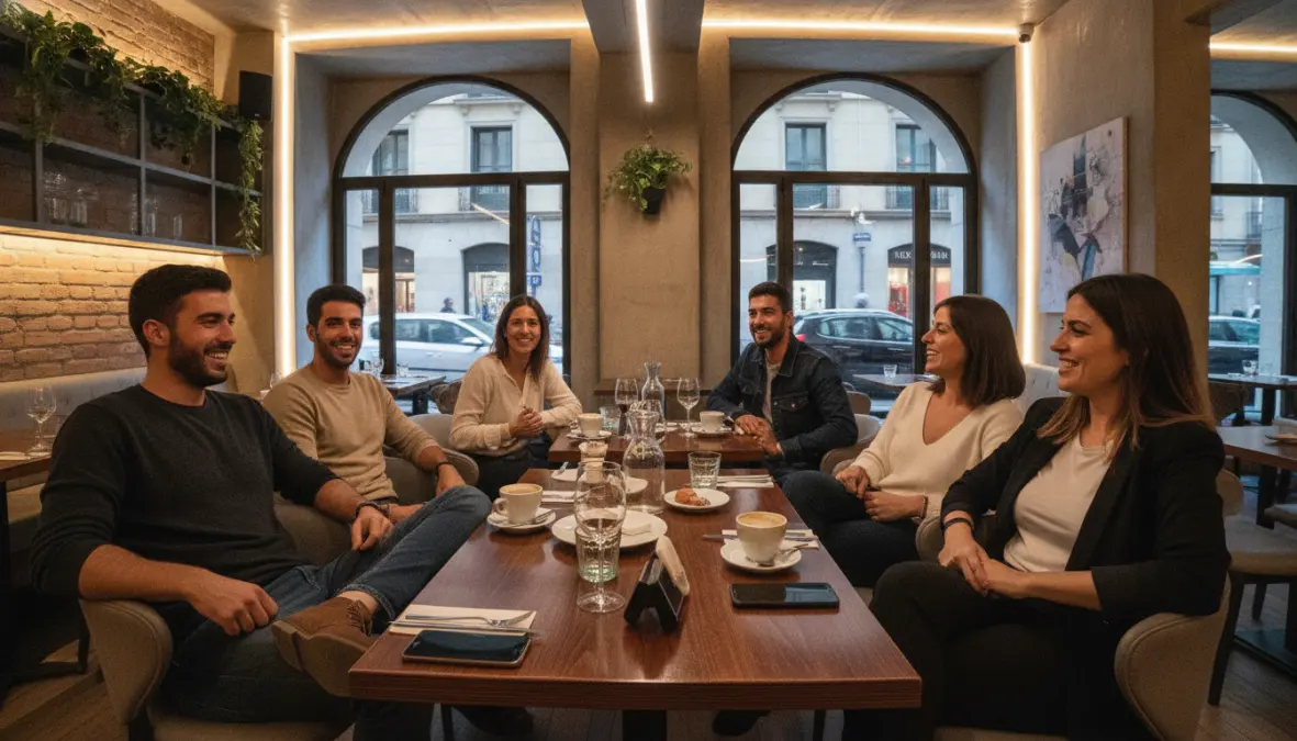 Young Spaniards practicing sobremesa tradition in modern urban restaurant setting