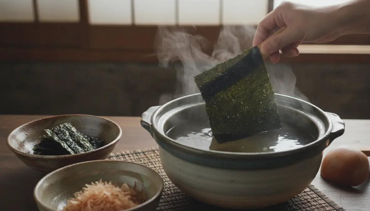 Japanese dashi stock preparation showing kombu reuse and zero waste cooking techniques in washoku cuisine