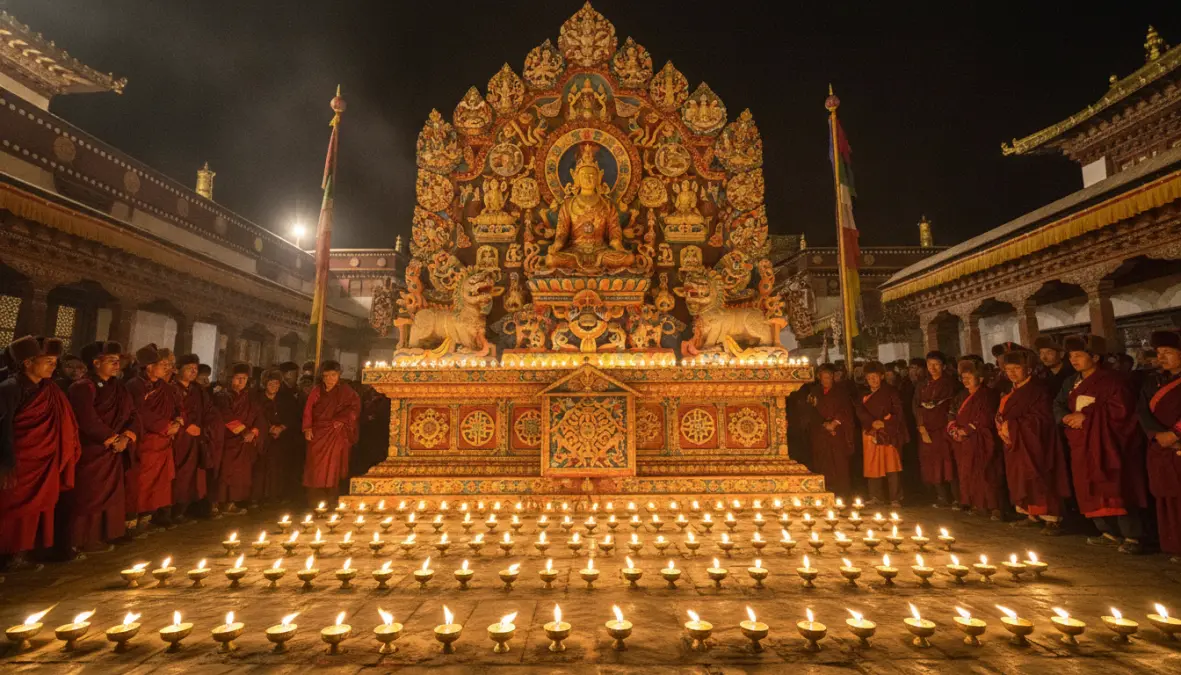Spectacular butter sculpture display during Losar festival traditions with ceremonial yak butter lamps illuminating the scene