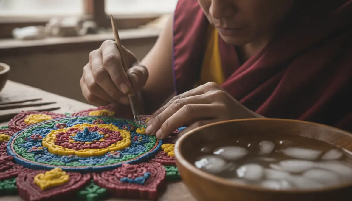 Traditional butter sculpture making technique showing monk's skilled hands working with colored yak butter using ancient methods