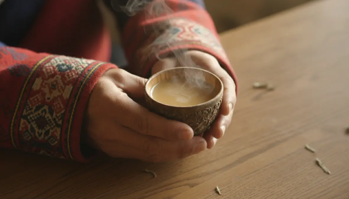 Traditional Tibetan hospitality customs showing proper way to hold butter tea cup during Himalayan tea ceremony
