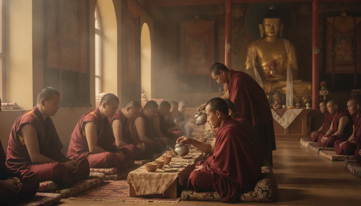 Buddhist monastery rituals featuring butter tea ceremony with Tibetan monks practicing traditional tea customs