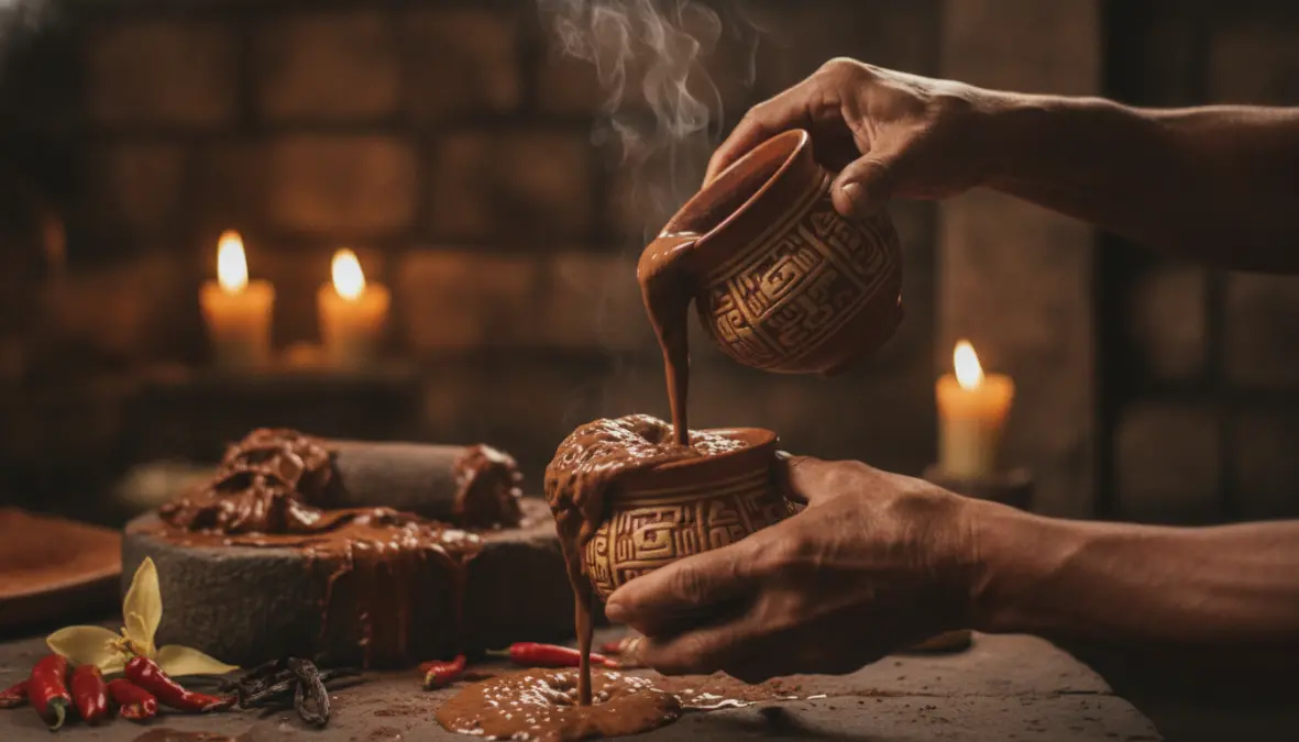 Traditional Mayan sacred chocolate drink xocolatl being prepared with ceremonial pouring technique creating ritual foam
