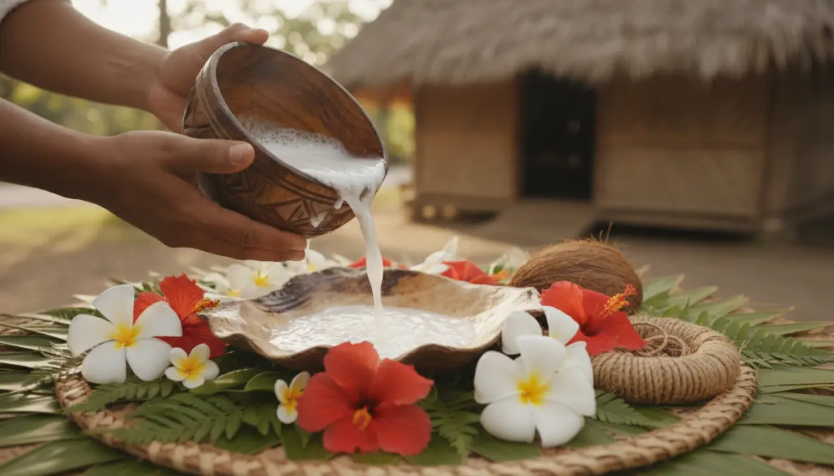 Traditional Pacific island coconut ceremony with carved wooden bowl and sacred ritual objects